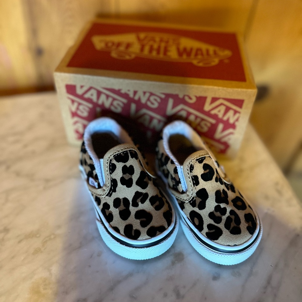 Vans Brown and Black Slip-On Sneakers with Animal Print
